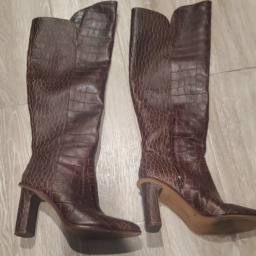 Vince Camuto Dark Brown Croc-Embossed Heeled Boots